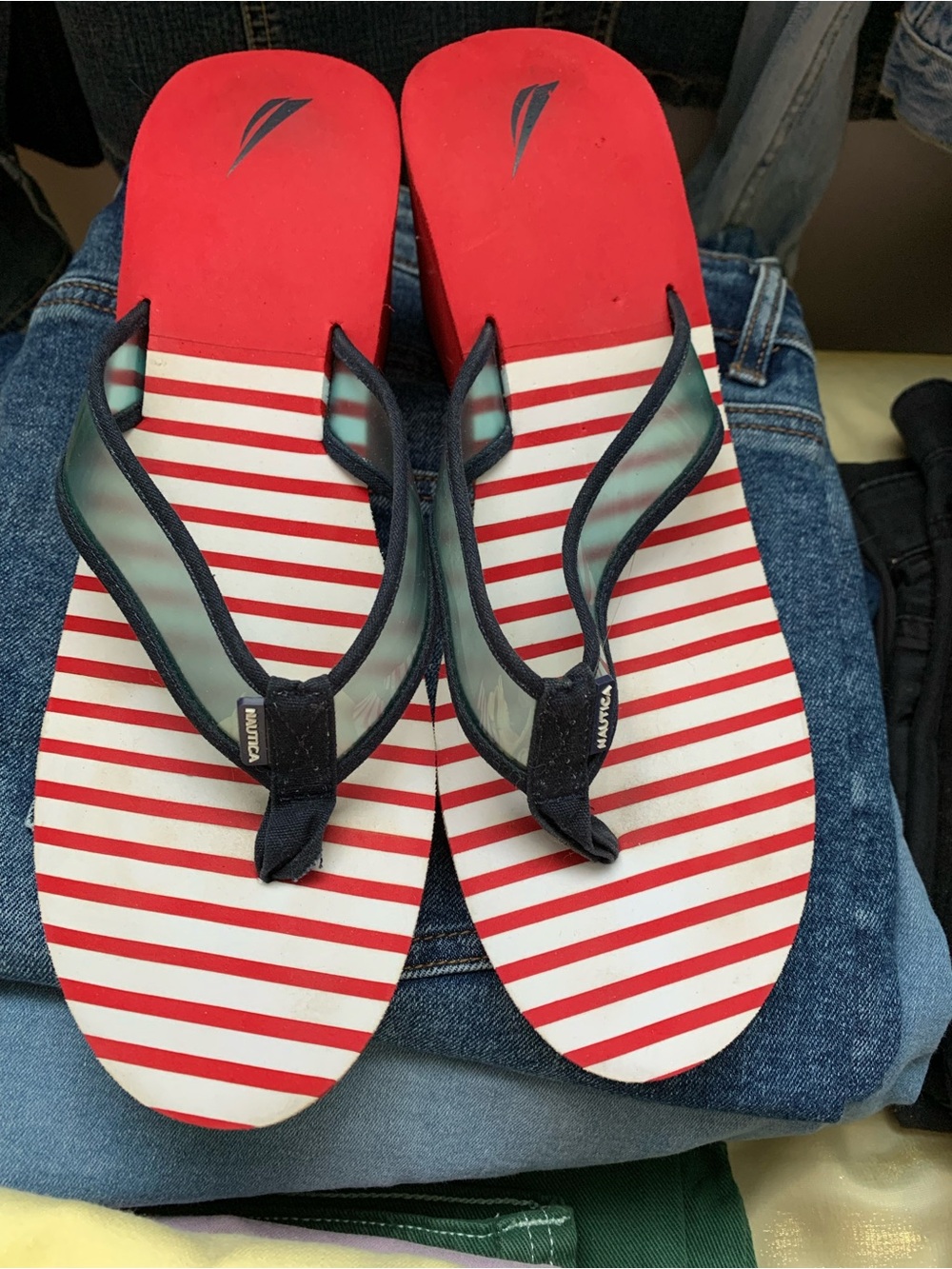 Nautica , women's wedge Red & White Striped Flip Flops